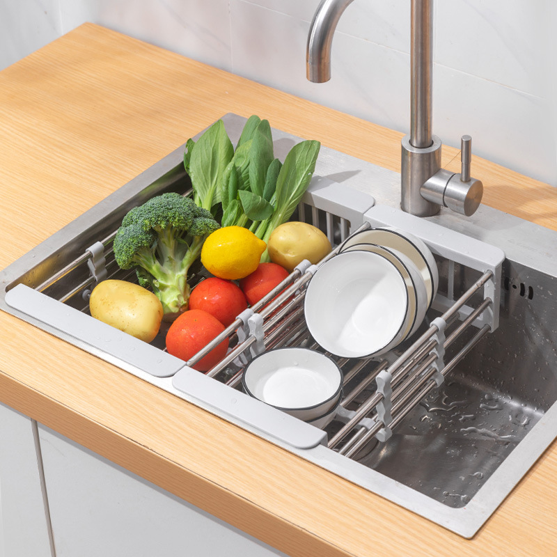 Kitchen sink draining basket, water passage plate, telescopic dishwashing and vegetable washing plate, tableware placement plate, stainless steel sink draining rack Specification image