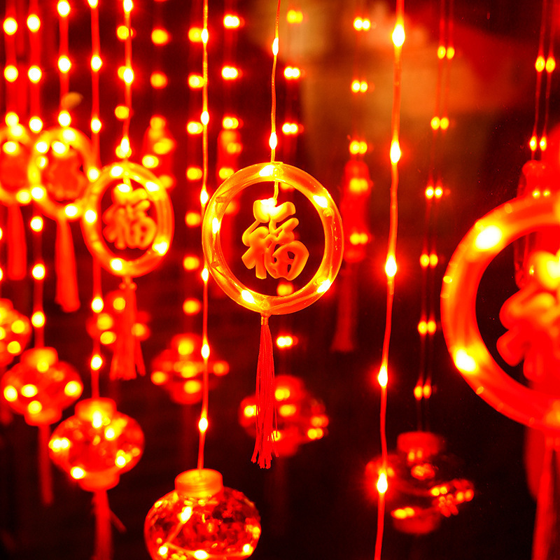 led新年窗帘灯串红灯笼橱窗氛围节日灯串春节喜庆福字LED装饰彩灯图