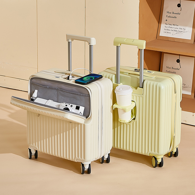 A 18-inch carry-on suitcase with a front opening for women, a lightweight and multi-functional side-opening suitcase for men details Picture