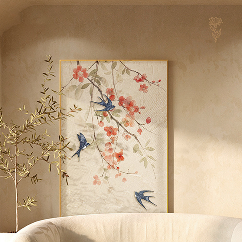 新中式入户玄关装饰画喜上眉梢喜鹊客厅墙壁画中古风走廊过道挂画