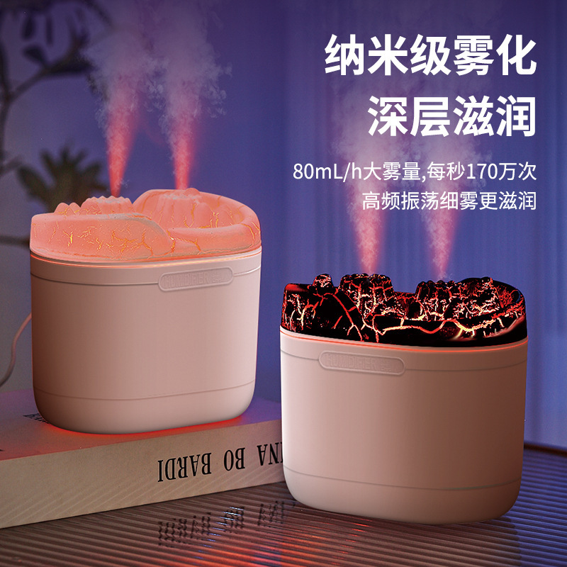2025 Cross-border Mini Crack Flame Dual-Spray Humidifier for Home Bedroom Desktop Ambient Light Essential Oil Large Spray Specification image
