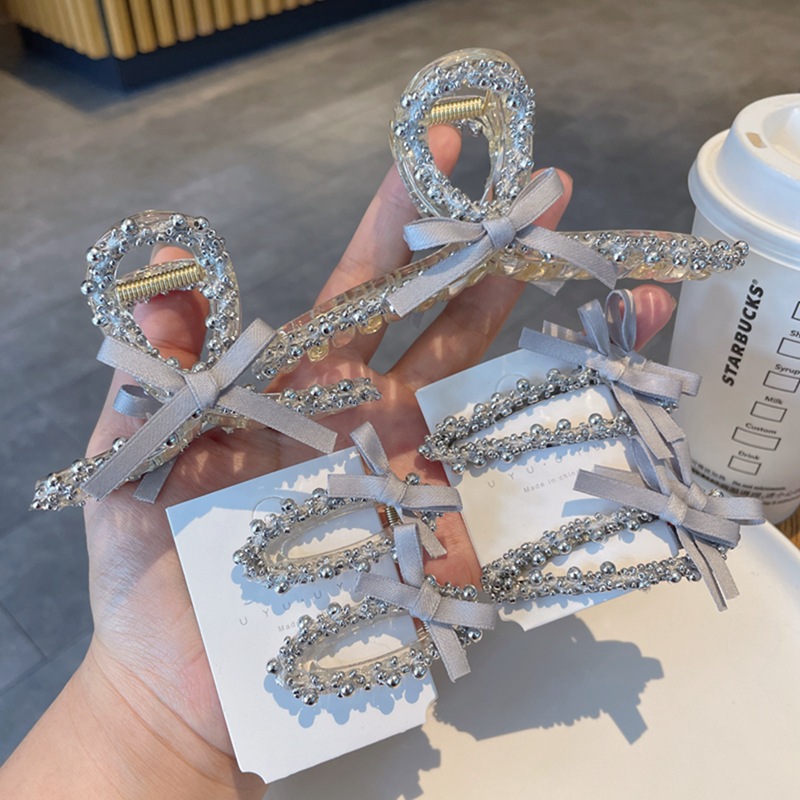 银色珠珠蝴蝶结大抓夹鲨鱼夹高级感气质鸭嘴夹侧边发夹发卡发饰