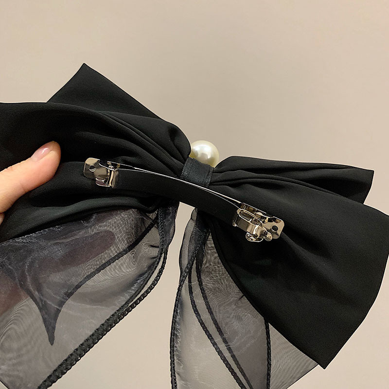 Korean Vintage French Vintage Organza Black Bow Hair Clip Pearl Top Clip Back Hair Accessories Woman Specification drawing