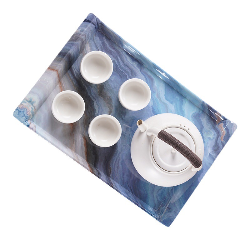 爆款琛璟高脚翘边仿瓷茶盘家用大理石长方形茶具托盘客房杯盘果盘白底实物图