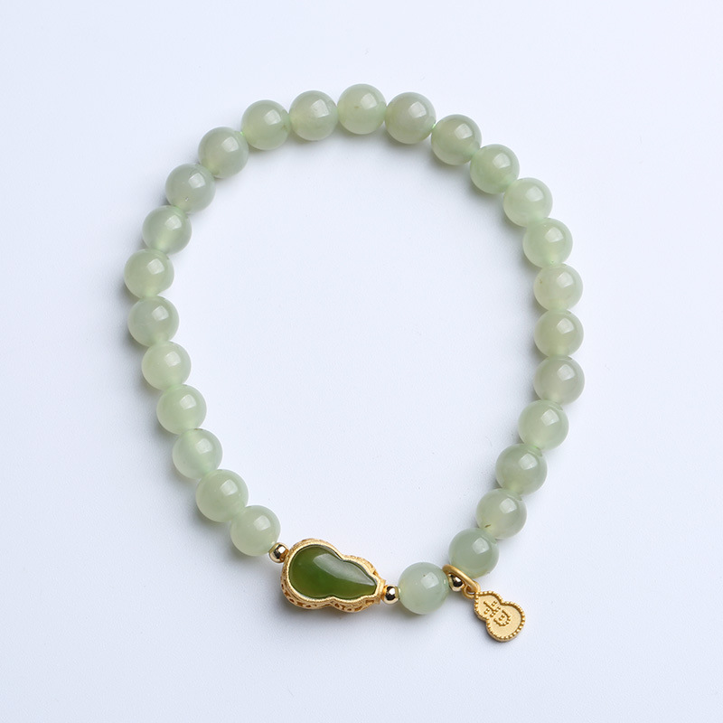 Original design 6mm Hetian jade round bead single-loop bracelet, Chinese-style Hetian jade gourd silver gold-plated bracelet for women Item Picture