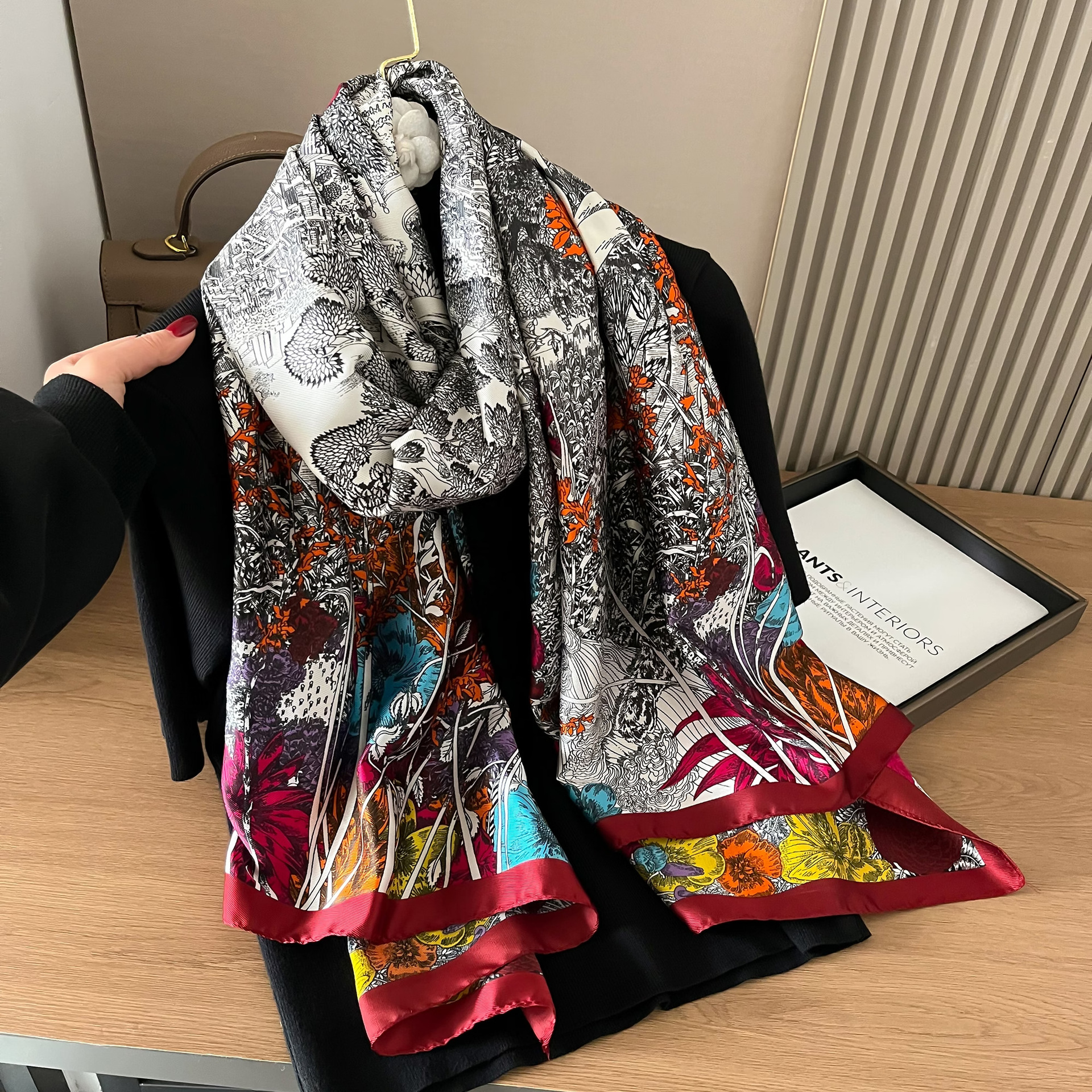 Spring 2024 New Xiangyun Satin Long Silk Scarf for women, a high-end office warm air conditioning shawl, Suzhou and Hangzhou silk scarf Application Scenario