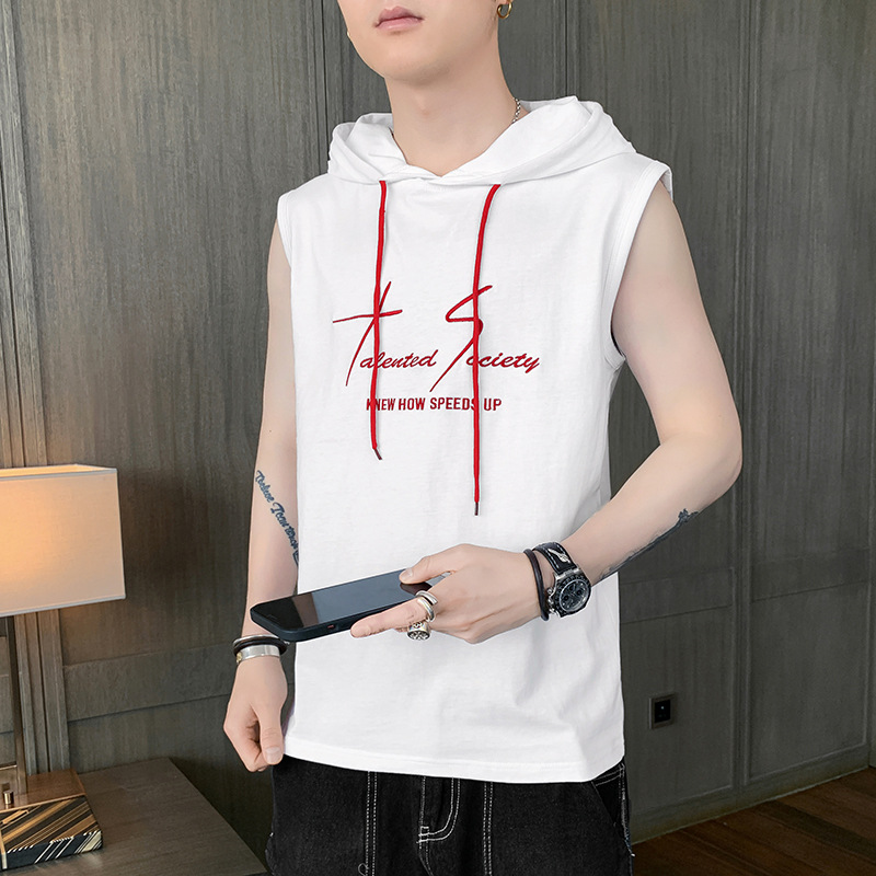 【一件代发】2023夏季新款男士连帽无袖背心韩版纯棉经典百搭坎肩