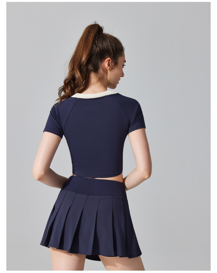 夏款复古V领瑜伽服运动健身修身短袖羽毛网球上衣跑步吸汗速干T恤详情14