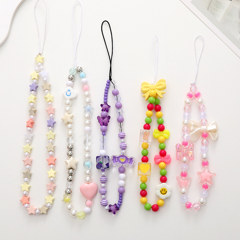 New Candy Cartoon Bow Mobile Phone Chain Beaded Mobile Phone Lanyard Mobile Phone Case Pendant Anti-Fall Wrist Strap Female
