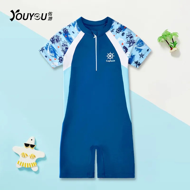 Youyou Children's new swimsuits for boys, boys, middle-aged and young children, one-piece short-sleeved professional training equipment, sun protection swimming swimsuits