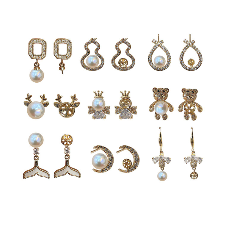14k gold-plated cute little bear antler pearl hollow stud ear hook earrings, European and American style ear hook earrings, DIY accessories Item Picture