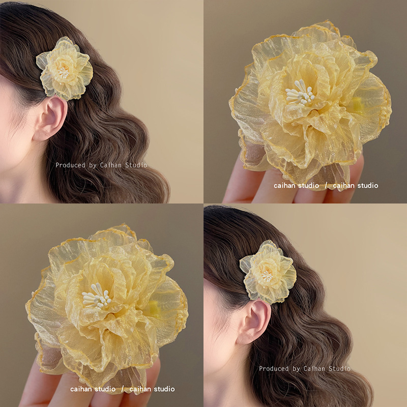网纱发夹花朵氛围感女发饰夏2024新款刘海碎发夹超仙纯欲风边夹子