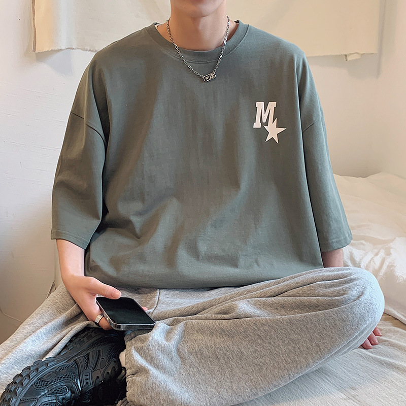 High-quality men's T-shirt, summer Hong Kong-style loose pure cotton short-sleeved T-shirt, couple style, simple and versatile five-quarter sleeve top details Picture