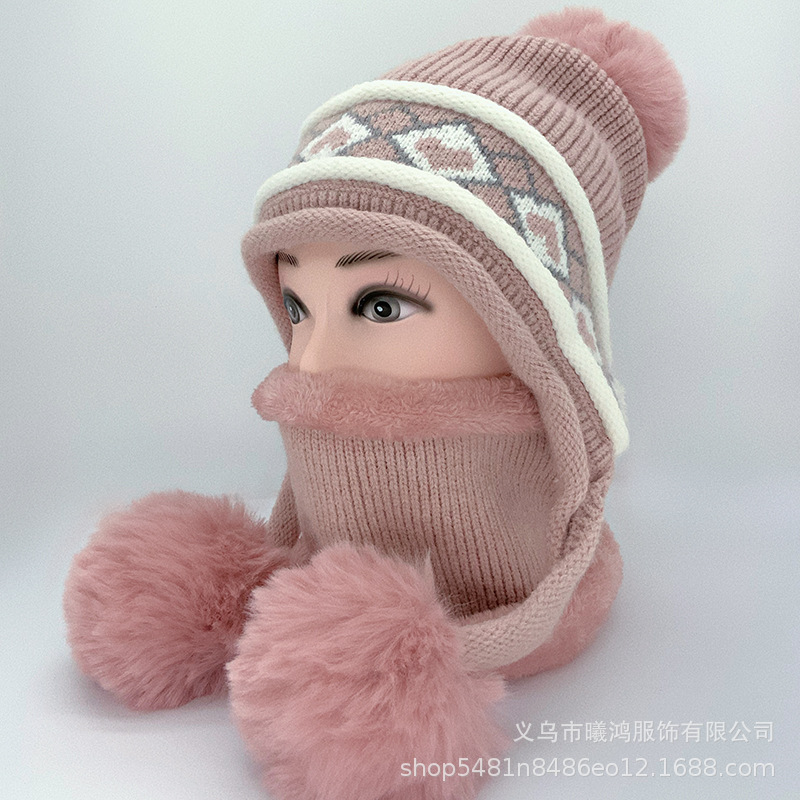 Autumn And Winter New Warm Knit Hat Women With Bib Hairball Cycling Windproof Korean Jacquard Striped Woolen Hat In Stock