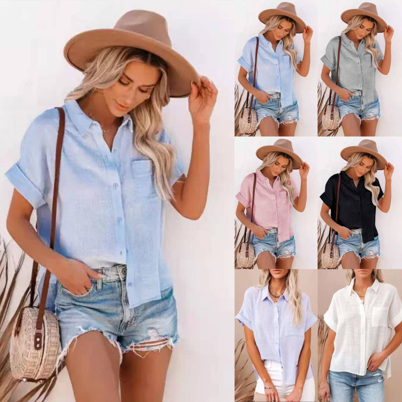2021夏女装 eBay亚马逊爆款棉麻衬衣短袖女士翻领纽扣衬衫