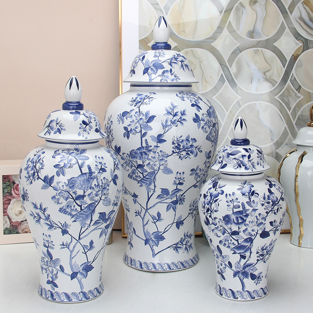 新中式青花风景手绘将军罐 景德镇陶瓷花瓶储物罐装饰摆件工艺品