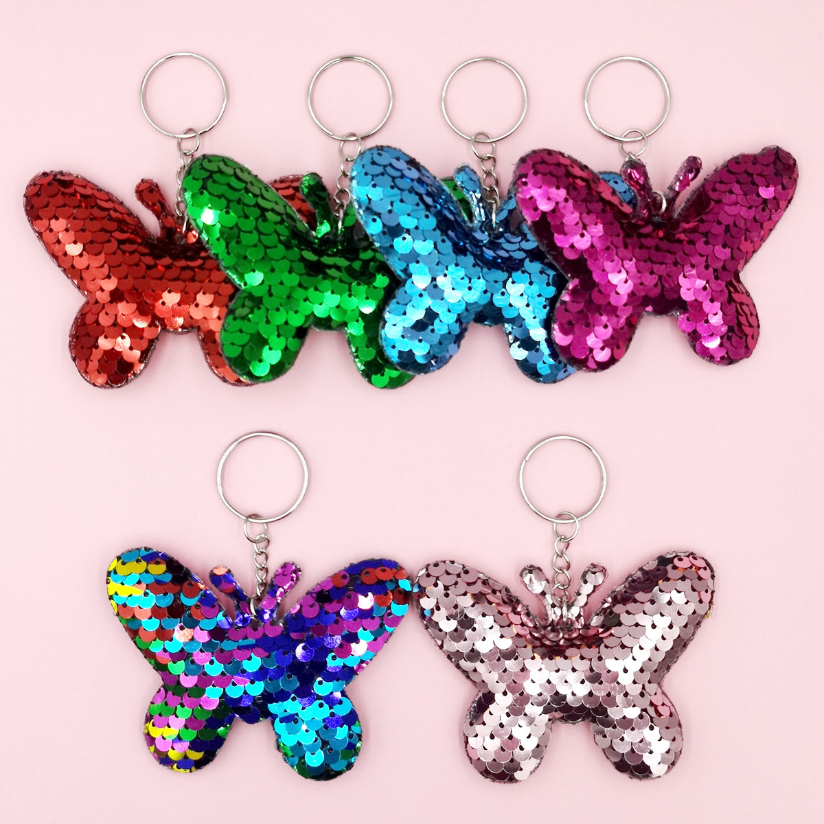 Cross Border Set 6 butterfly reflective double side flip sequins Butterfly key chain Sequins small pendant car pendant