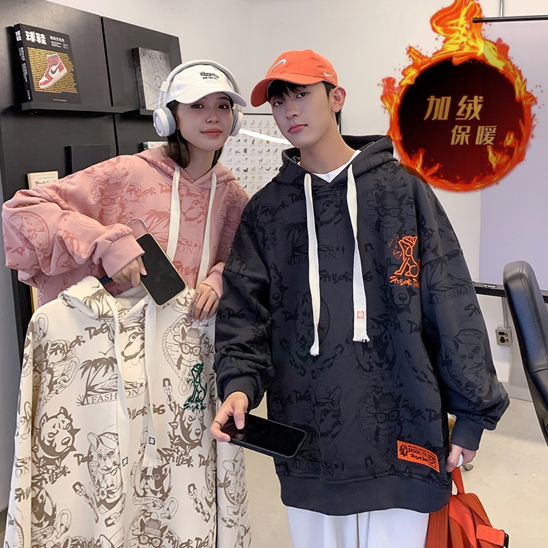 Men's autumn unisex fleece couple outfits, long-sleeved hoodies, loose and trendy clothes, and a heavyweight hooded sweatshirt for women details Picture