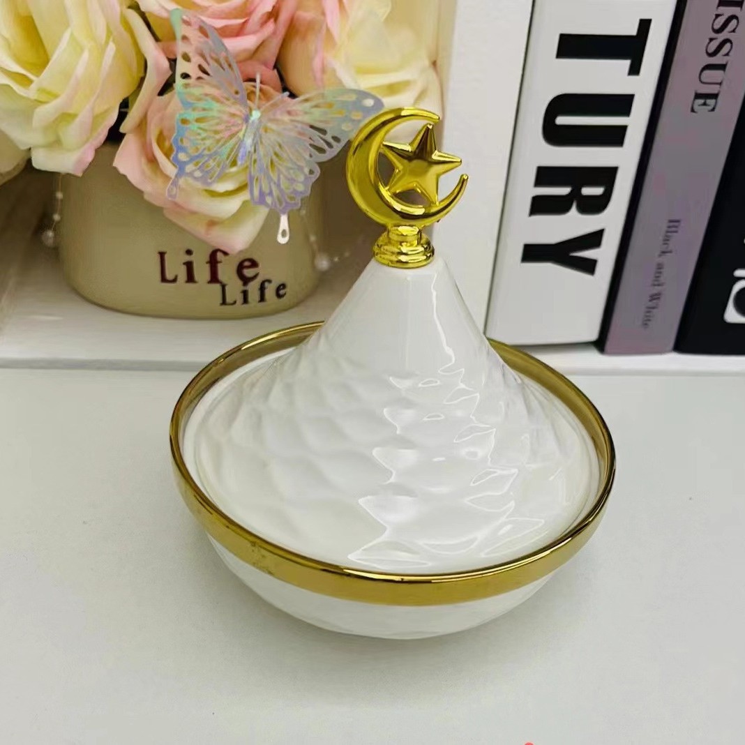 轻奢家居摆件摆设多格水果盘甜点印花带盖碗欧式金色陶瓷茶杯盘瓷