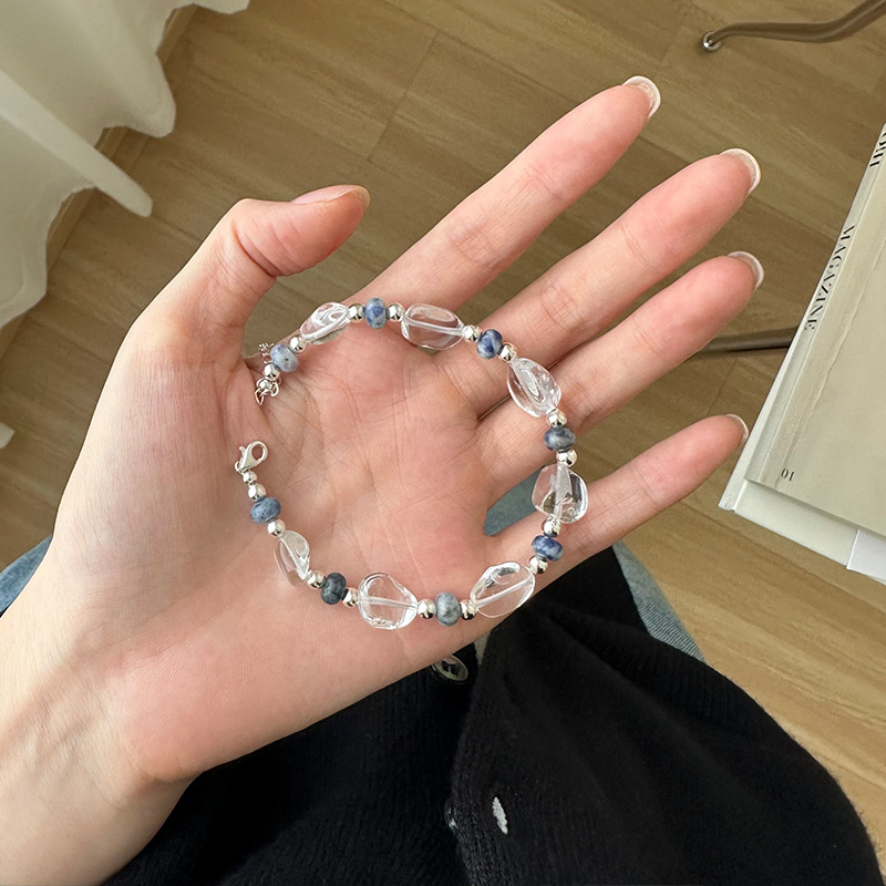 925 sterling silver irregular crystal spotted silver bead bracelet for women, simple handcrafted design, versatile beaded bracelet B3238