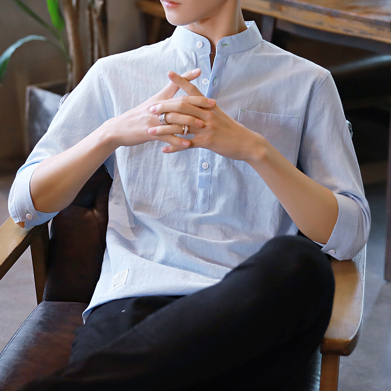 Men's summer Korean-style trendy, cool, casual and versatile linen top, seven-inch short-sleeved men's white shirt details Picture