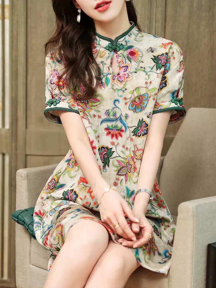 真丝改良旗袍女夏印花高端气质年轻款爆款2023年新款桑蚕丝连衣裙