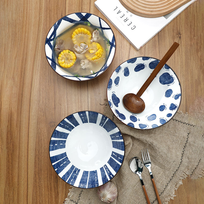 The Japanese-style denim series ceramic material instant noodle bowls and wind bamboo hat bowls with high-temperature underglaze painting are available for wholesale Specification image