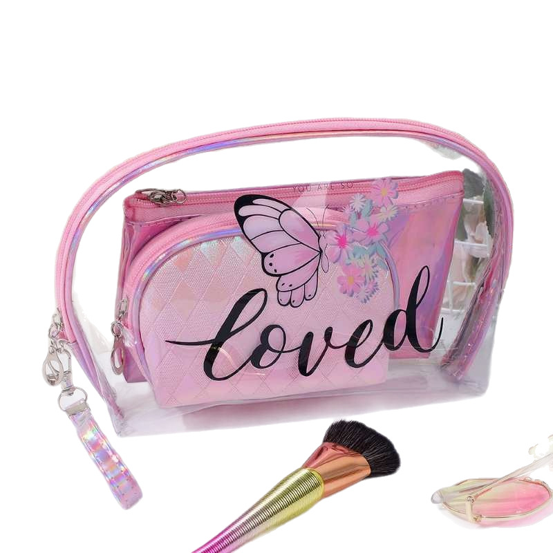 Cross-border original transparent waterproof cosmetic bag three-piece set, pink butterfly PU clutch, portable storage toiletry bag Item Picture