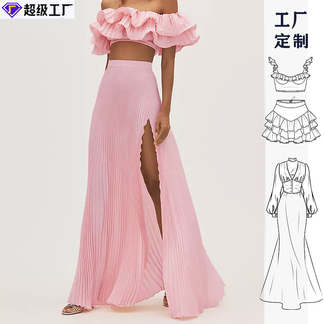 Customized cross-border women's slit ruffled pleated long dress sets from Dongguan factory full figure