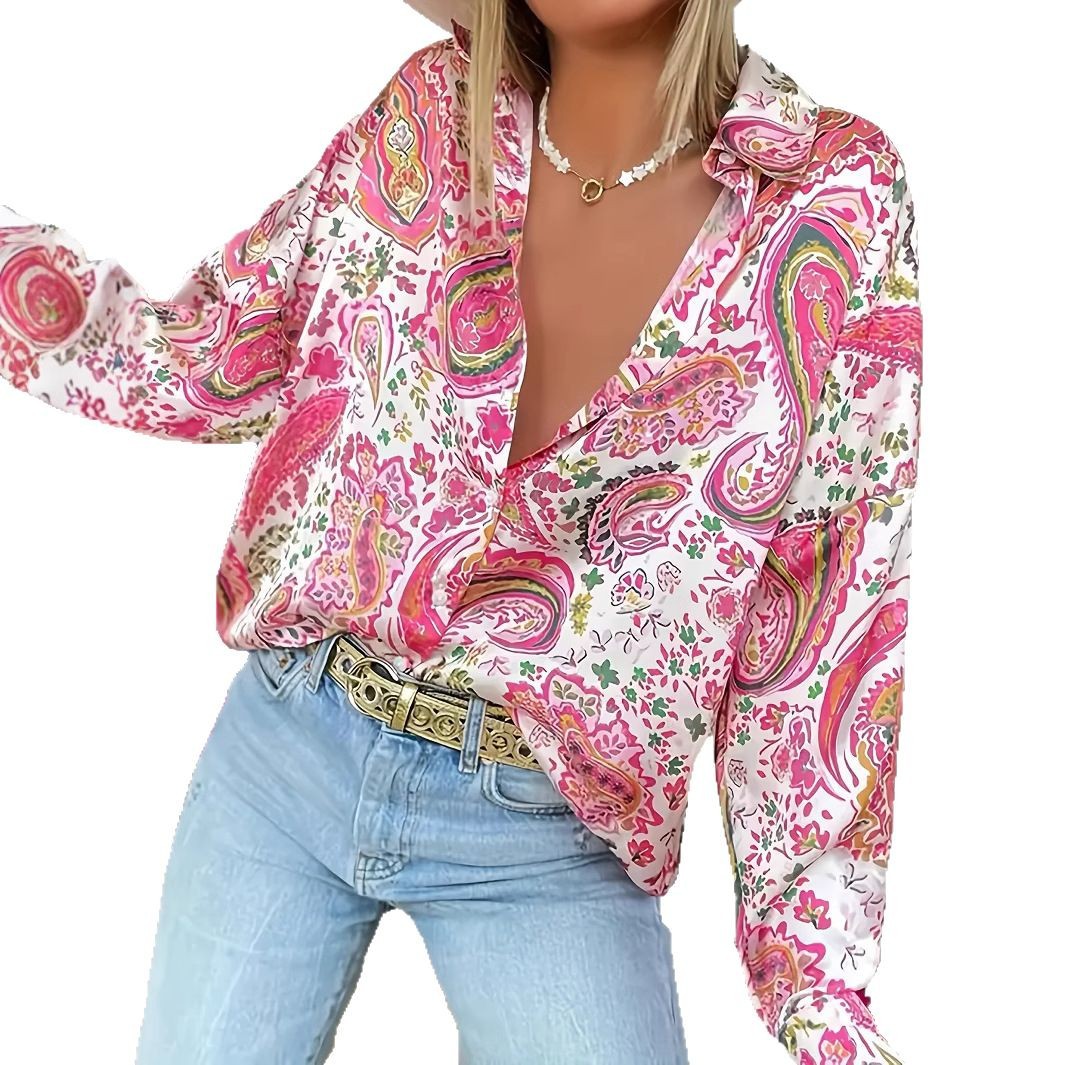 Cross-border European and American women's clothing is specially designed for women with a new lapel button long-sleeved shirt with Paisley print for daily outings Item Picture