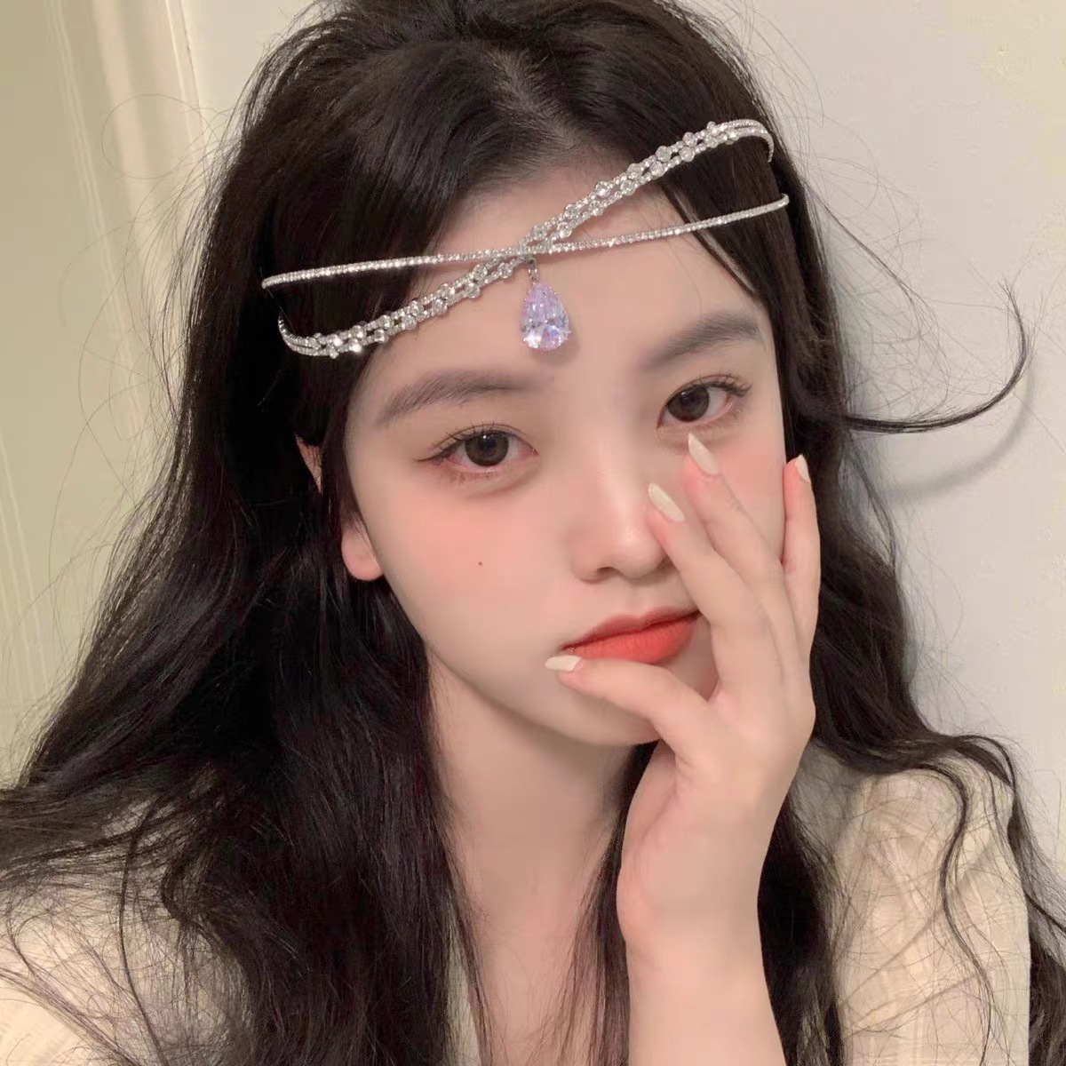 Zircon water drop hairband, large gemstone hairband, headwear, collar, neckband, rhinestone slimming, cross collarbone chain necklace Specification image