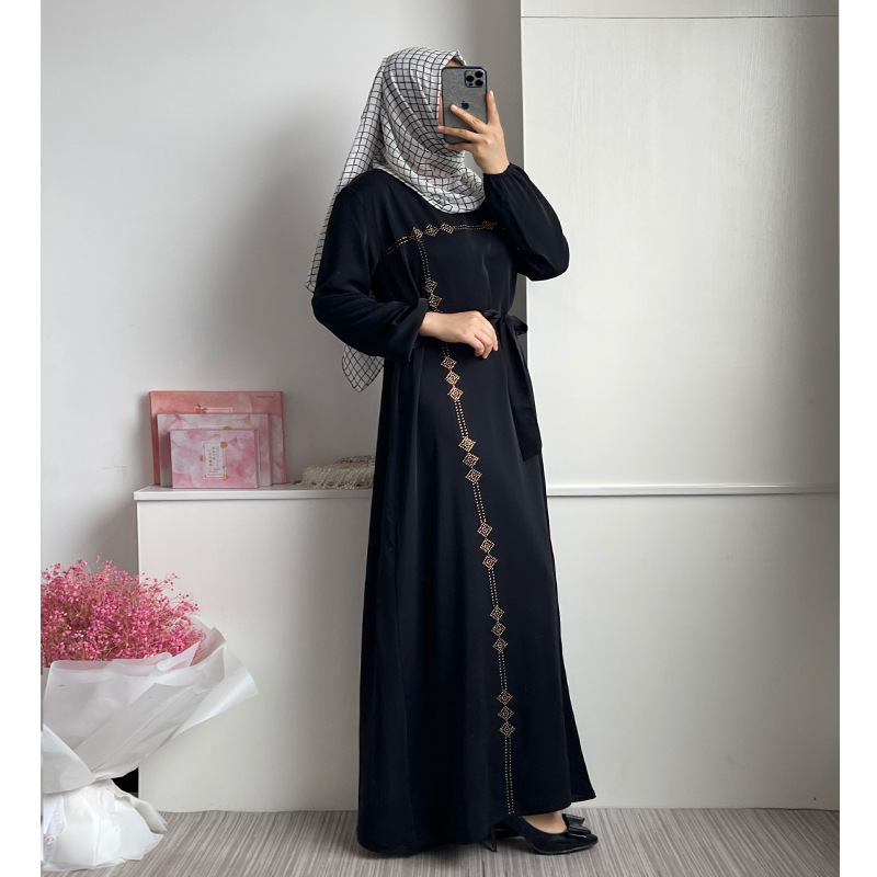 F186穆斯林中东迪拜回族女装时尚马来长裙烫钻长袍连衣裙