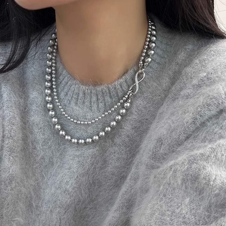 Nuevo producto explosión shijia pearl 8 caracteres hebilla doble cascada cinturón collar se puede dividir uno más desgaste cáñamo gris perla cadena