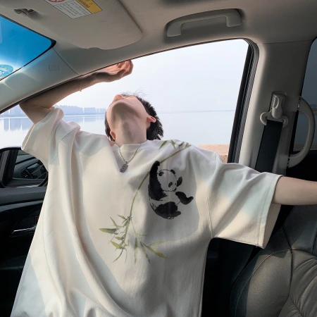 New Chinese-style short-sleeved T-shirt for men, summer American fashion brand panda bamboo print loose large-sized half-sleeved T-shirt New Chinese-style short-sleeved T-shirt for men, summer American fashion brand panda bamboo print loose large-sized half-sleeved T-shirt