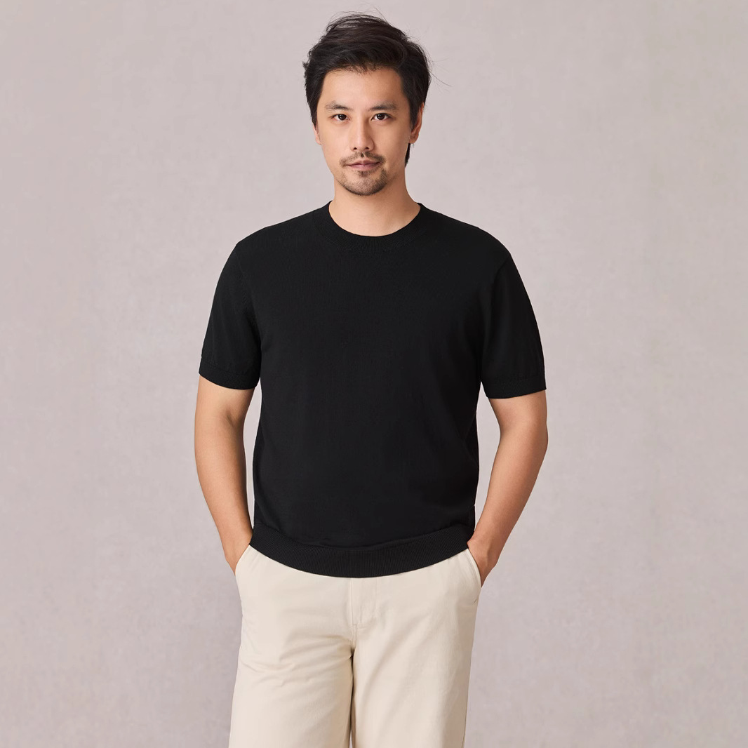 Woven round-neck short-sleeved men's loose commuting men's solid color cool knitted sweater, moisture-absorbent and breathable men's T-shirt Specification image