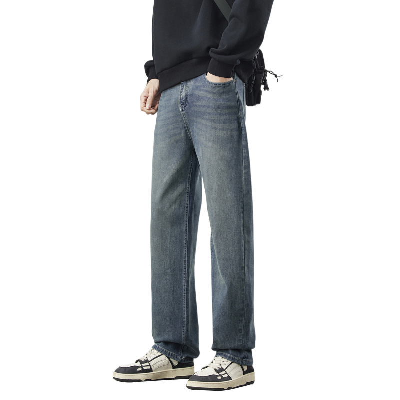 Lyocell fleece stretch wide-leg straight-leg jeans, a men's trendy brand, are versatile, retro and simple youth jeans for autumn and winter Item Picture