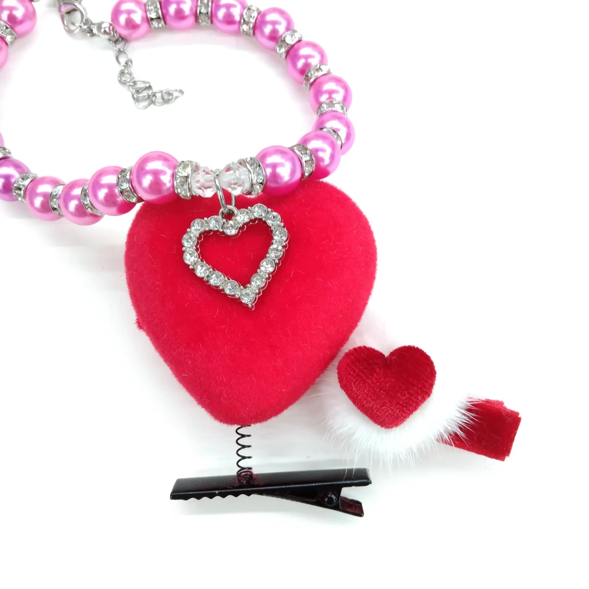 Three-piece pet hair accessory set, cute heart-shaped cat and dog headwear, dog love Valentine's Day supplies, pet necklace headwear details Picture