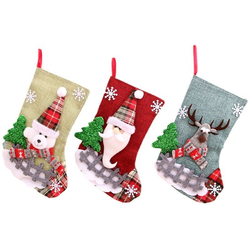 New Linen Medium Size Christmas Stocking Santa Claus Christmas Decorations Stocking Christmas Gift Bag Item Picture