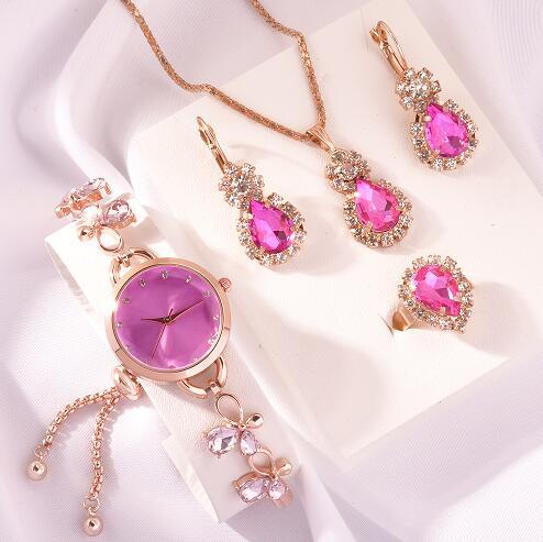 2024TEMU新款精致小巧时尚圆形花朵合金链条女款手表水滴首饰套装