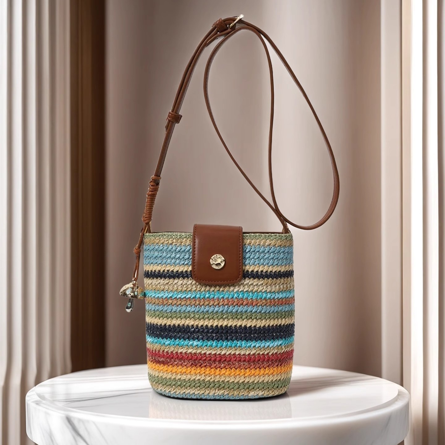 A niche design woven rainbow color-blocking bucket bag for women, a new 2025 fashionable and versatile vacation single-shoulder crossbody bag Specification image