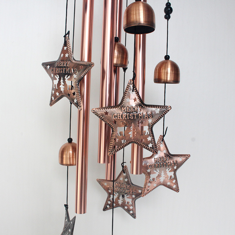 Christmas Tree Vintage Metal Red Bronze Wind Chimes Hanging With Christmas Hearts Metal Bells Garden Patio Decorations Specification drawing