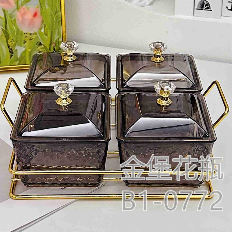 Glass divider fruit snack snack plate plate Bar bath clubhouse multi-lattice plate with lid hammer plastic fruit box Gold Castle vase Specification drawing