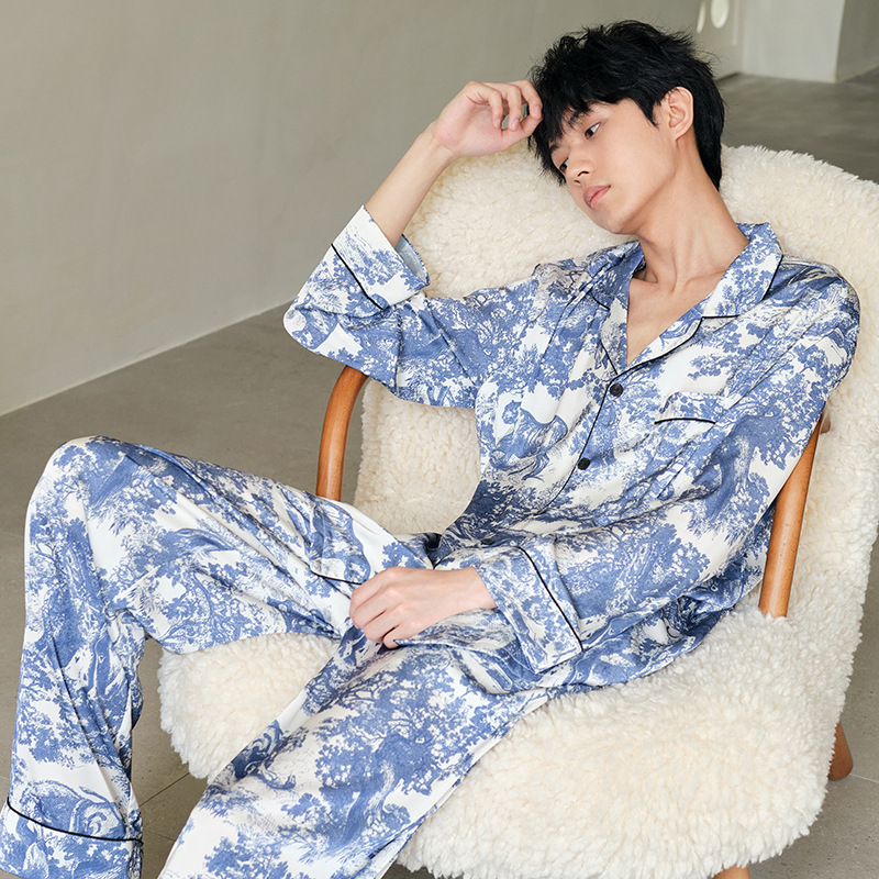 Couple ice silk pajamas, women's summer and autumn new style satin high-end look, can be worn outside men's home wear set wholesale Application Scenario