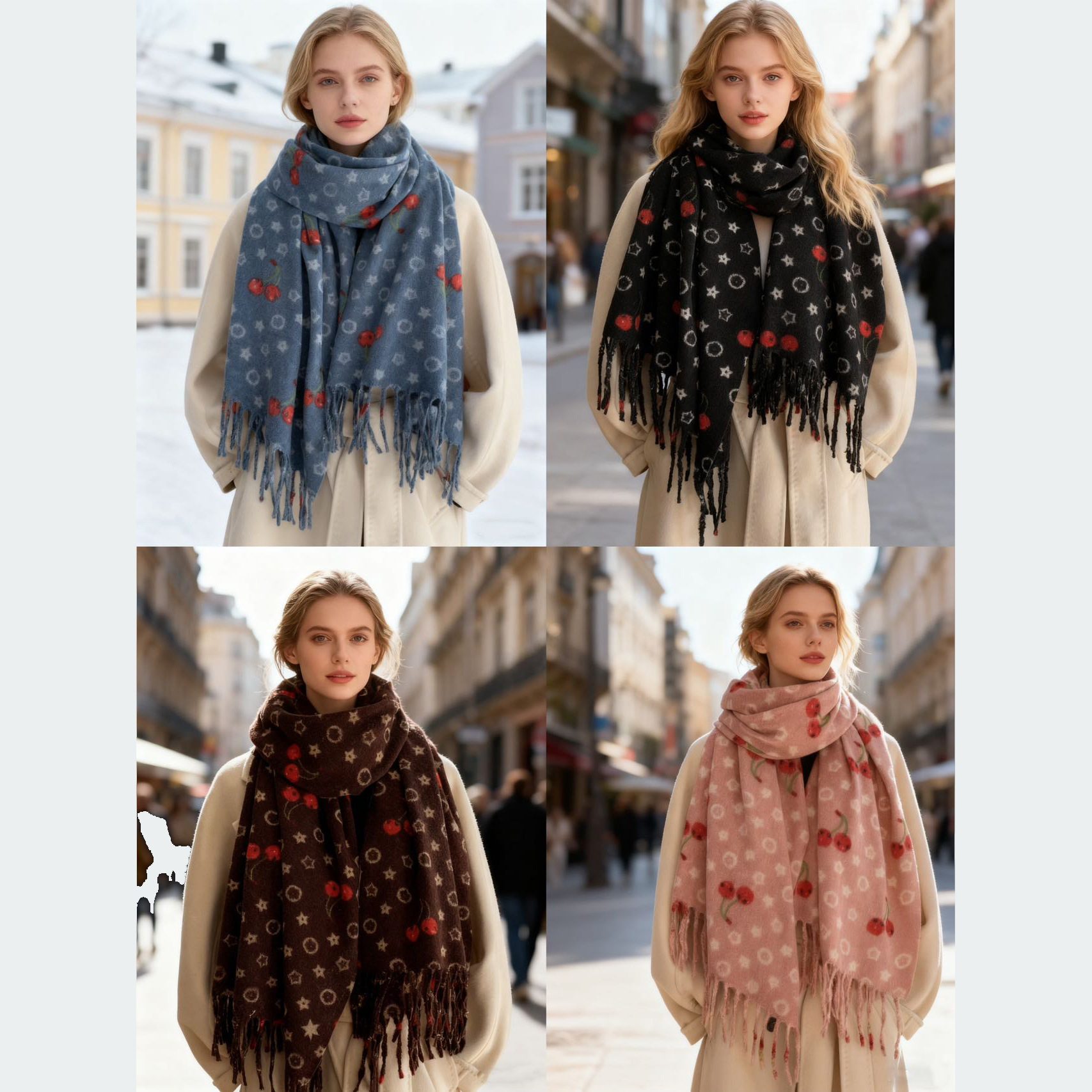 Fashionable and versatile cherry double-sided faux cashmere scarf for women's winter warmth, a dual-purpose, versatile and elegant scarf