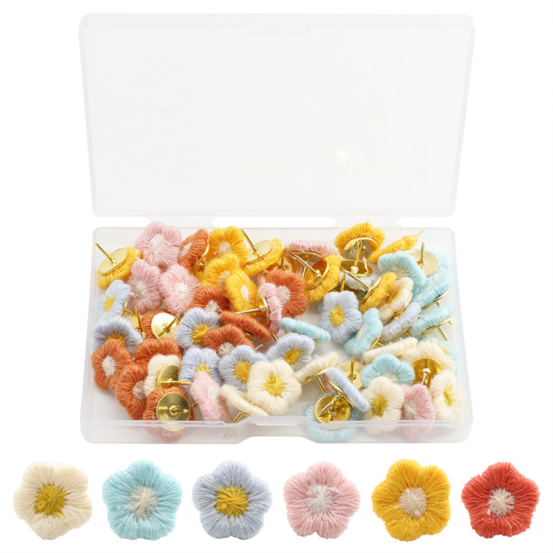 Creative and cute embroidered colorful flowers, 60 dark/light I-shaped nails, plastic box set, metal flat-head nails