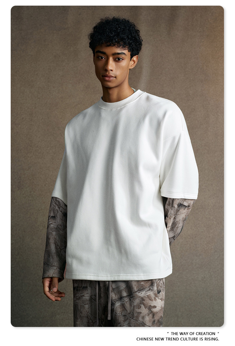 BE男装|2025美式潮牌复古树纹撞色假两件上衣沙漠迷彩长袖T恤男潮详情21