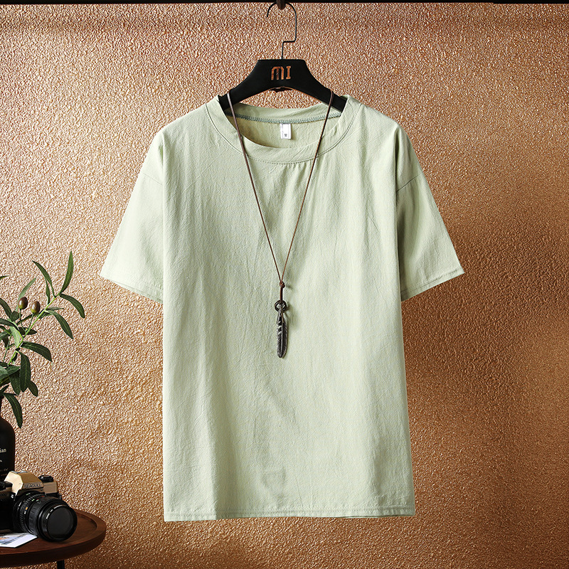 Summer cotton and linen men's Chinese-style solid-color linen loose large-sized short-sleeved T-shirt, Japanese-style half-sleeved trendy brand T-shirt, Chinese trend Application Scenario