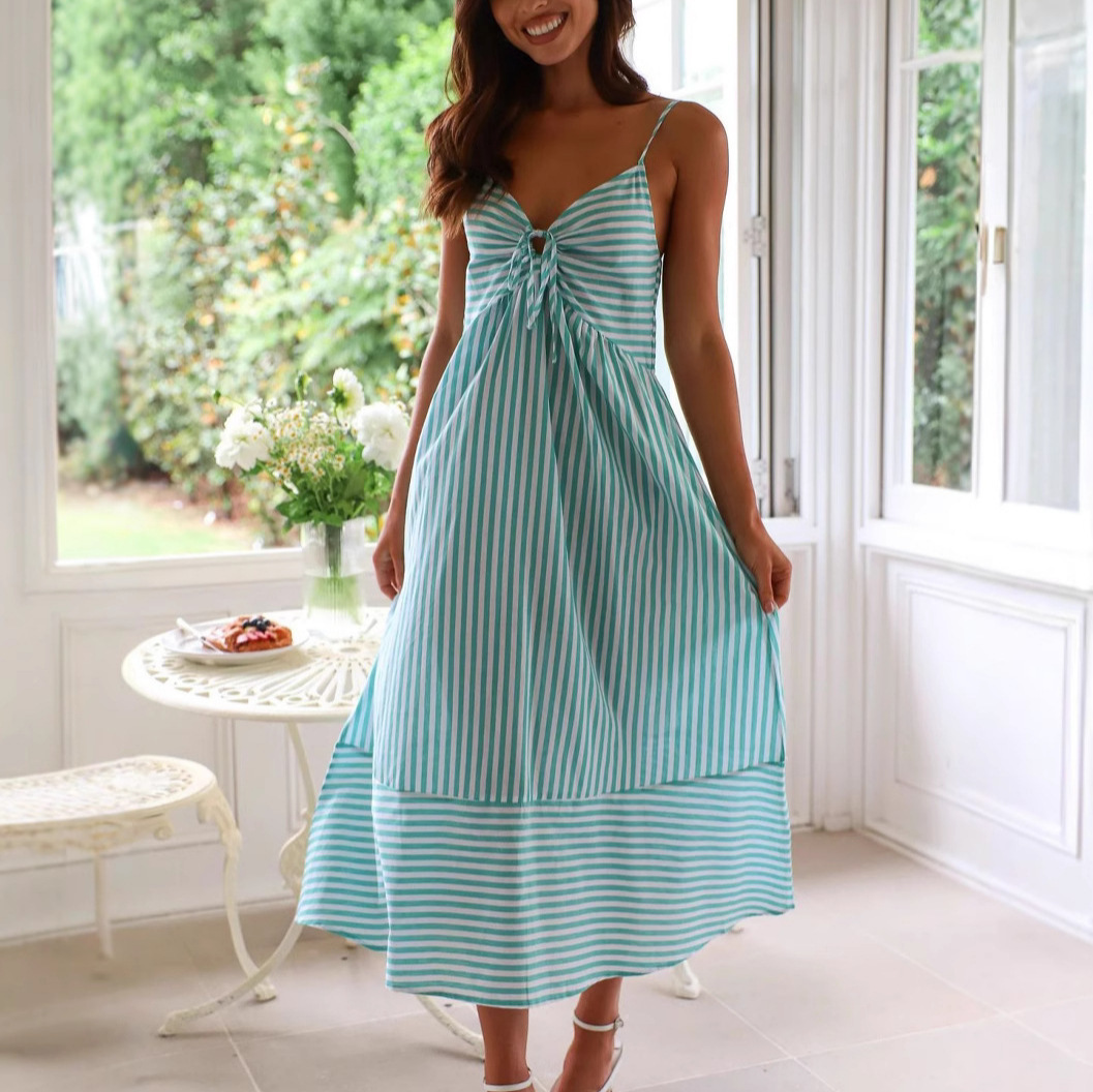 2025 summer European and American foreign trade Amazon cross-border independent station women's V-neck striped halter dress Specification drawing