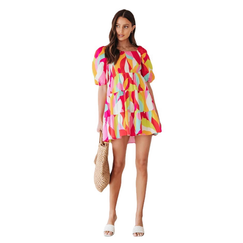 2025 Amazon Independent Store European and American one-neck pullover geometric pattern ladylike sweet loose short-sleeved dress Item Picture