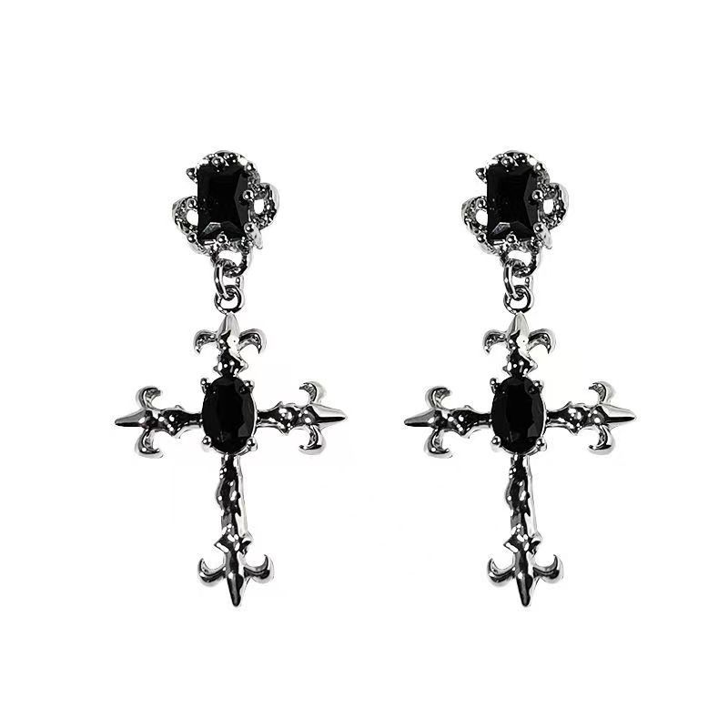 Dark serie ~ luz de lujo cruz estrella de montaña pendientes para mujeres de alta clase sentido nicho ins temperamento moda sentido de la oreja colgante orejas Item Picture